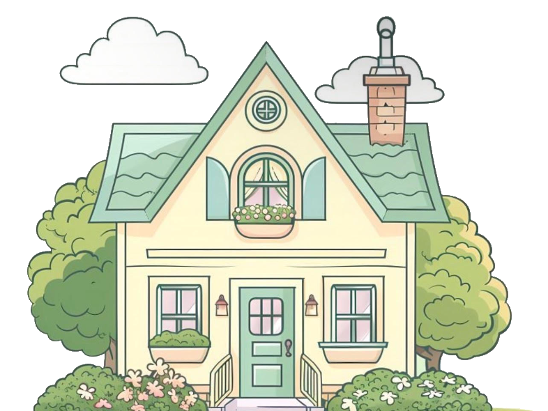 Illustration of a house framed by shrubs